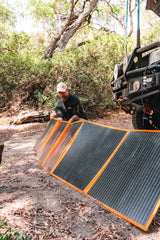 Wildtrak™ 300W Folding Solar Blanket (A-Grade with ETFE Coating, Built in Stand, IP65 Waterproof & Carry Bag) for Off-Grid Living, Camping, 4WD & Caravan Adventures