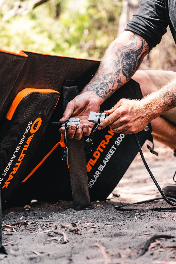 Wildtrak™ 300W Folding Solar Blanket (A-Grade with ETFE Coating, Built in Stand, IP65 Waterproof & Carry Bag) for Off-Grid Living, Camping, 4WD & Caravan Adventures