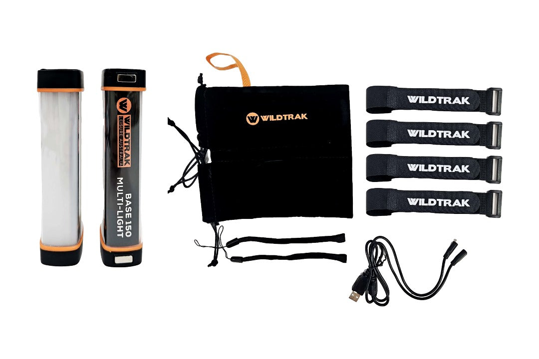 Wildtrak™ BASE 150 TWIN PACK Rechargeable Camp Multi Light Plus Power Bank (IP65 Water Resistant, 6 Light Modes, USB-C, Magnet Mounting, Case & More)