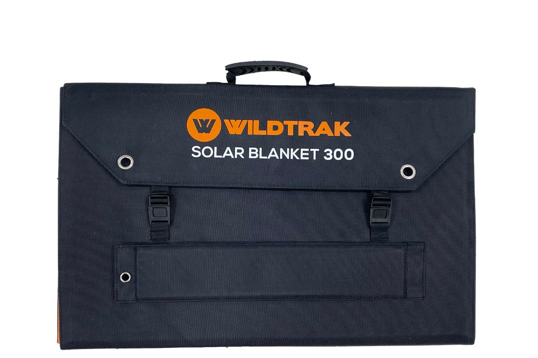 Wildtrak™ 300W Folding Solar Blanket (A-Grade with ETFE Coating, Built in Stand, IP65 Waterproof & Carry Bag) for Off-Grid Living, Camping, 4WD & Caravan Adventures