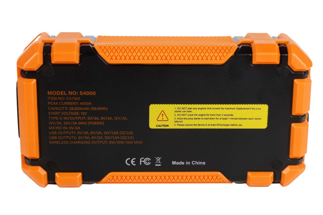 Wildtrak™ Heavy-Duty 4000A 28KMAH HP Lithium Car & 4WD Jump Starter (Petrol & Diesel) with Case, USB C Port & Wireless Charging