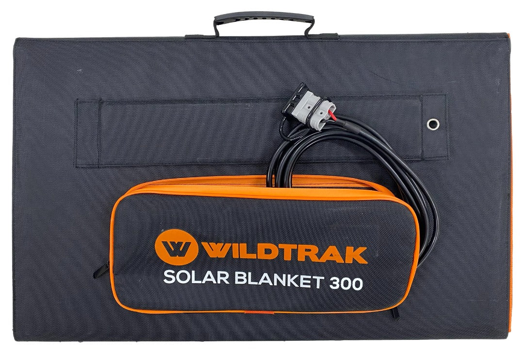 Wildtrak™ 300W Folding Solar Blanket (A-Grade with ETFE Coating, Built in Stand, IP65 Waterproof & Carry Bag) for Off-Grid Living, Camping, 4WD & Caravan Adventures
